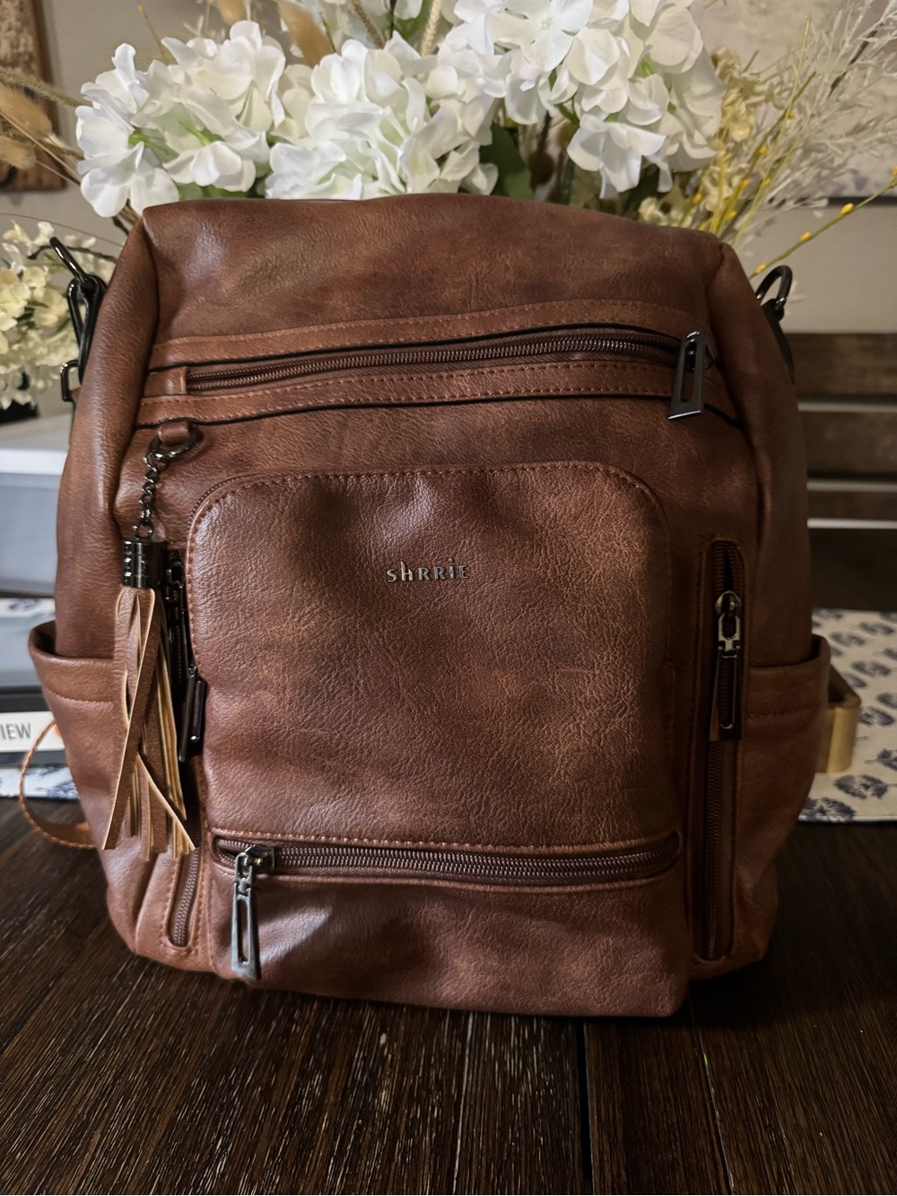SHRRIE Brown Convertible Backpack Crossbody Bag with Tassel